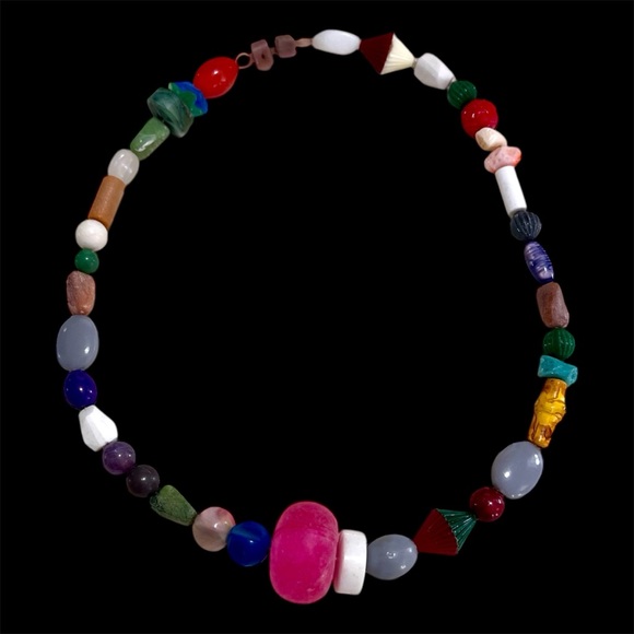 Vintage Jewelry - Vintage boho Colorful Beaded Necklace Large Pink Center Bead